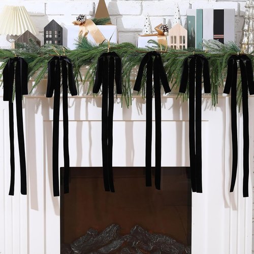Janinka Black Velvet Ribbon Bows - 6 Pcs Rustic Christmas Tree Decorations | 23.5x15.5 Inch Ornaments