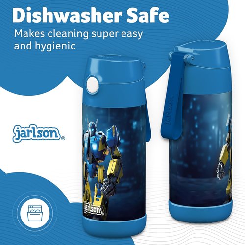 Jarlson® Kids Water Bottle CHARLI | 12oz Stainless Steel Insulated Thermo Bottle with Straw - Spill Proof for School & Sports (Robot)