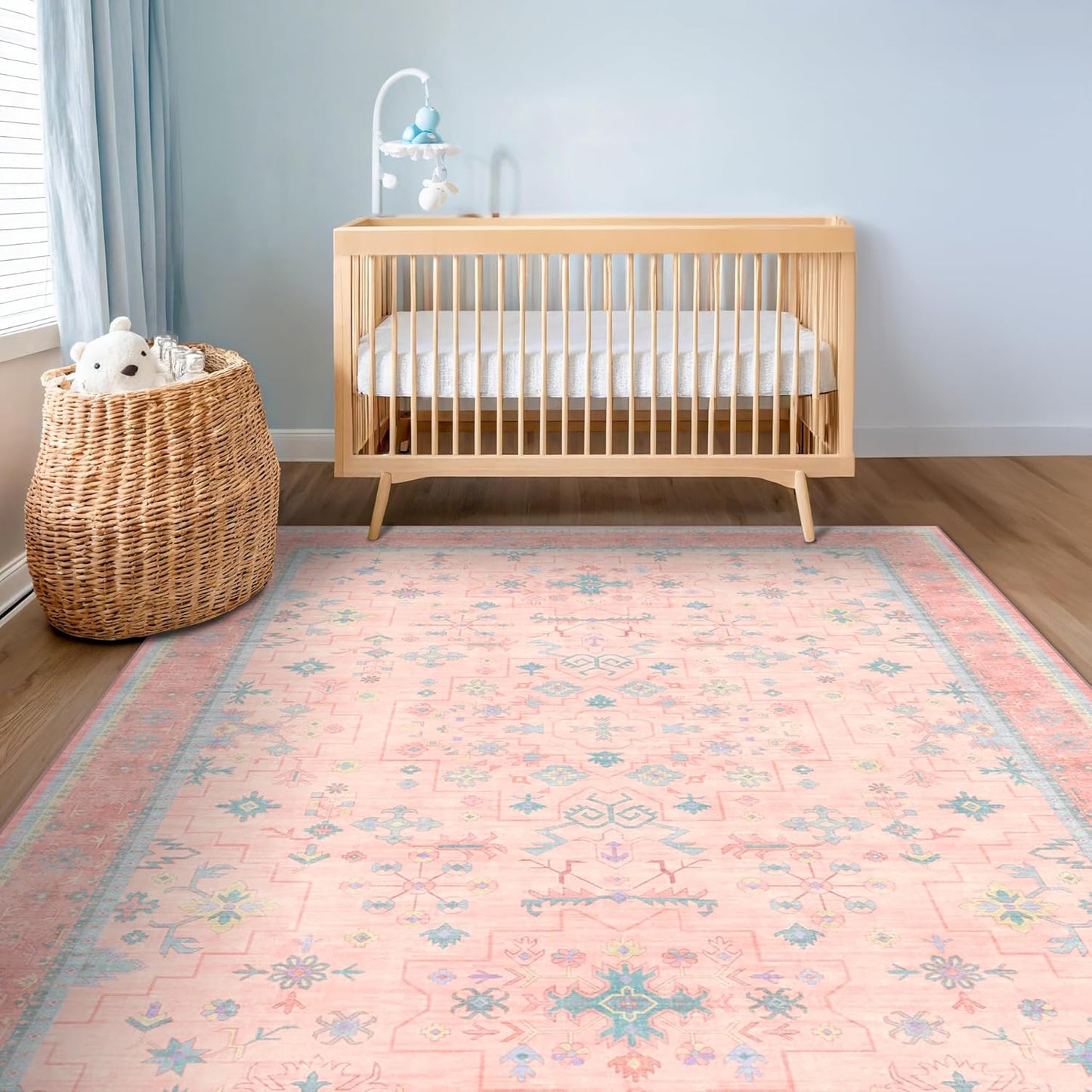 Oushak Rugs | Washable Pink & Blue 6x9 Area Rug - Soft Faux Wool, Modern Floral Design for Kids' Rooms