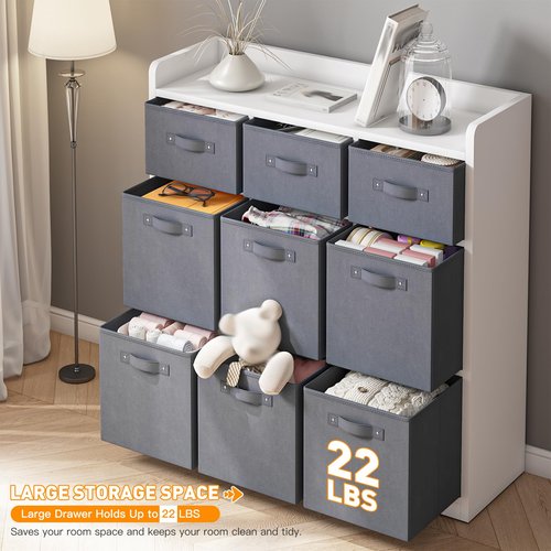 EnHomee 9 Cube Storage Organizer with Storage Bins, Sturdy and Durable Wooden Bookcase with Fabric Drawers, 9 Cube Shelf for Bedroom, Living Room,White Grey, 11.8" D x 29.5" W x 35.4" H,