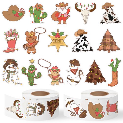 CNhoqc Christmas Cowboy Sticker Rolls - 1000Pcs Cartoon Western Cowboy Stickers, Cactus Snowman Santa Claus Design, Fade-resistant Vinyl Decals for Kids Boys Water Bottle Christmas Gift Party Supllies