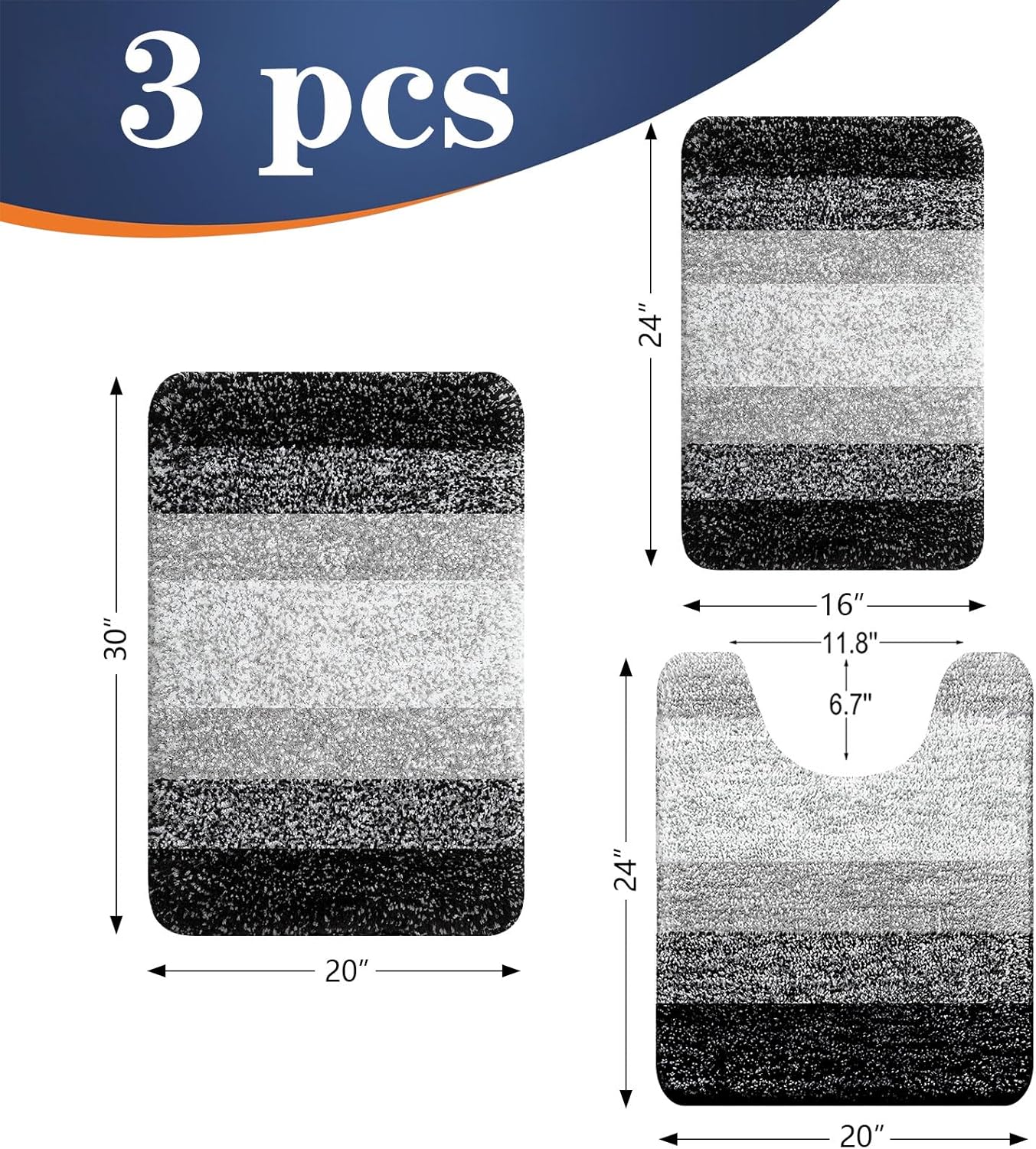 OLANLY Bathroom Rug Set - Soft Absorbent Microfiber Mats & U-Shaped Contour Rug | 3-Piece Black Set (30"x20"+24"x16"+24"x20")