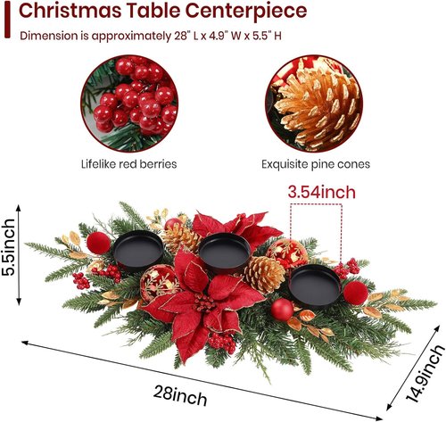 Alupssuc 28" Christmas Centerpiece - Elegant Candle Holders with Baubles & Pine Cones | Holiday Table Decor