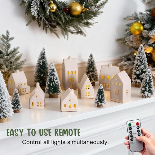 Christmas Village Set by [Brand Name] - 23 Pcs with 7 White Ceramic Houses & Remote LED Tea Lights | Farmhouse Decor for Tabletop & Mantel