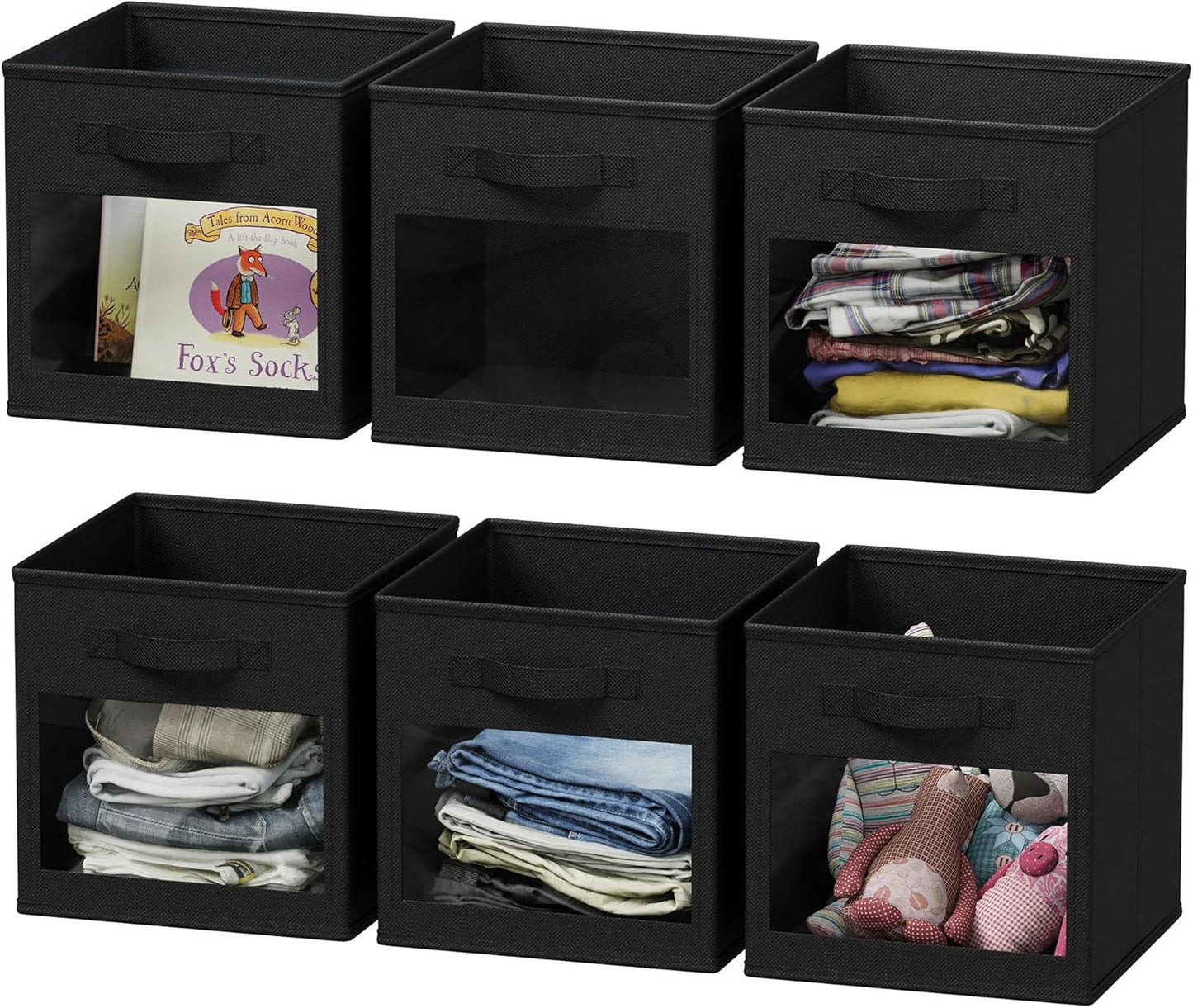 SpaceAid Storage Cubes - Set of 6 Foldable Fabric Bins with Clear Windows | 11-Inch Black Organizer