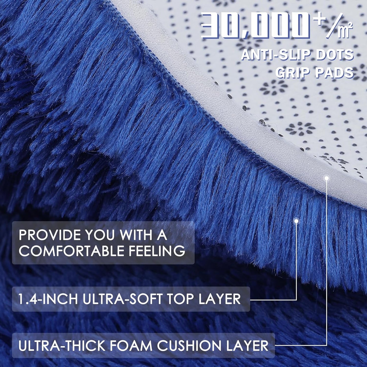 OLANLY Navy Blue Round Rugs - Soft, Fluffy Shaggy Carpet | 8 ft Machine Washable Area Rug for Bedroom & Living Room