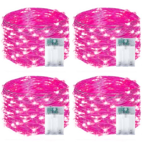 4-Pack 50 LED Pink Fairy Lights Battery Operated with Timer, 16FT Waterproof Starry String Lights Outdoor Indoor, Valentiens Lights for Valentine's Day Bedroom Wedding Birthday Christmas Party Decor