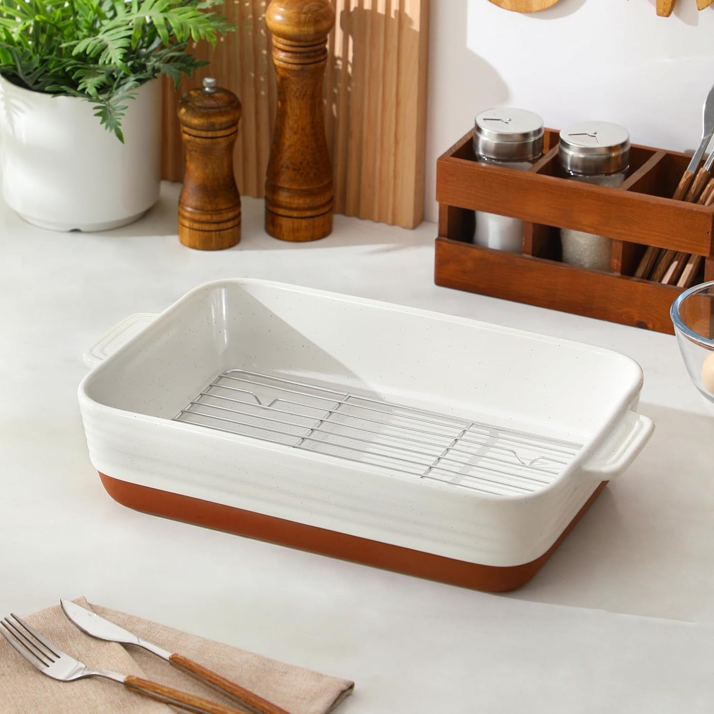 MALACASA 4.8 Qt Ceramic Baking Dish - Deep Roasting Pan with Stainless Steel Rack & Handles | Khaki & White