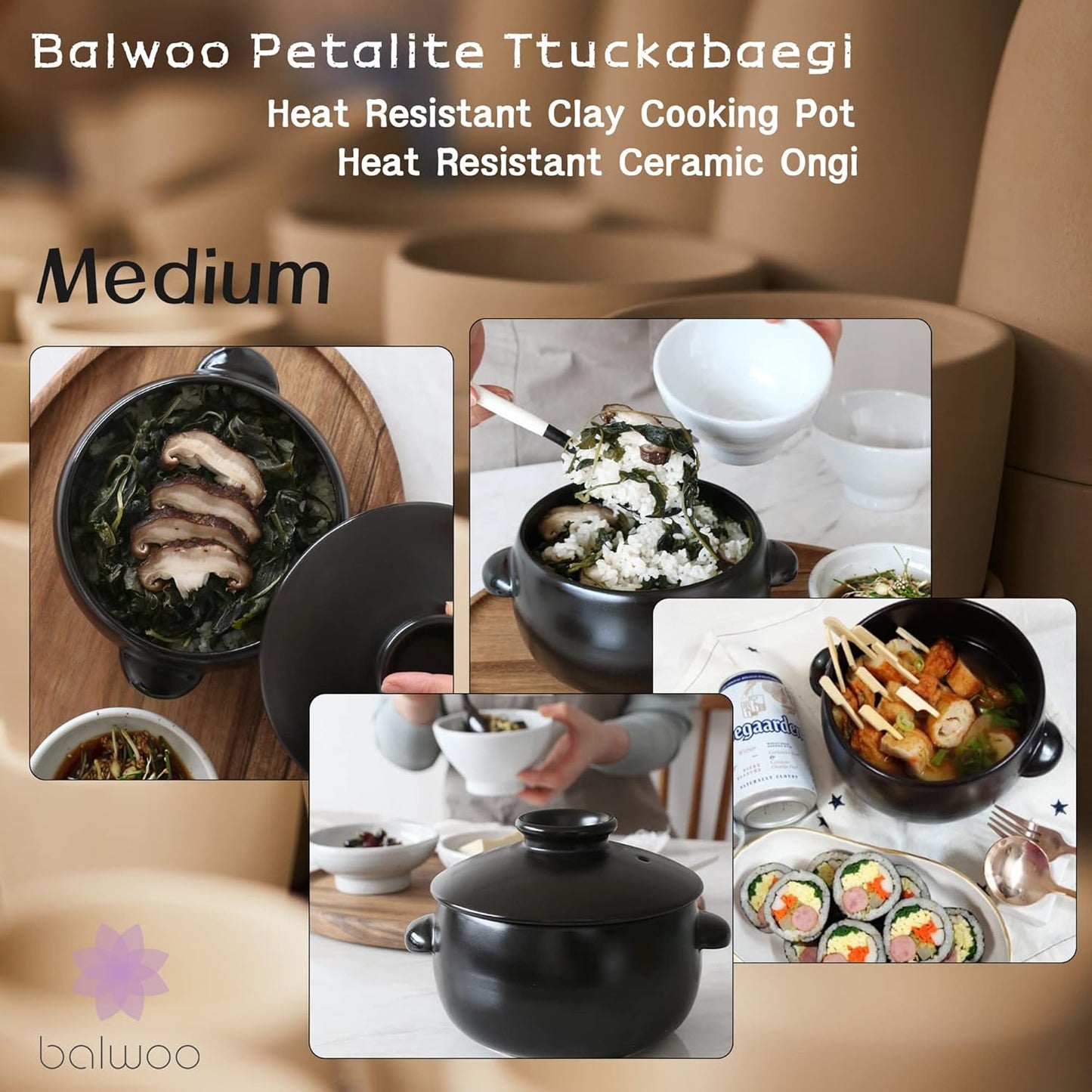 Korean Earthenware Pot Ttukbaegi, Ceramic Clay Cooking Pot Petalite Casserole, Heat Resistant Ceramic Pot, Zero-Crack Stone Bowl Stockpot Soup Cookware (Medium)