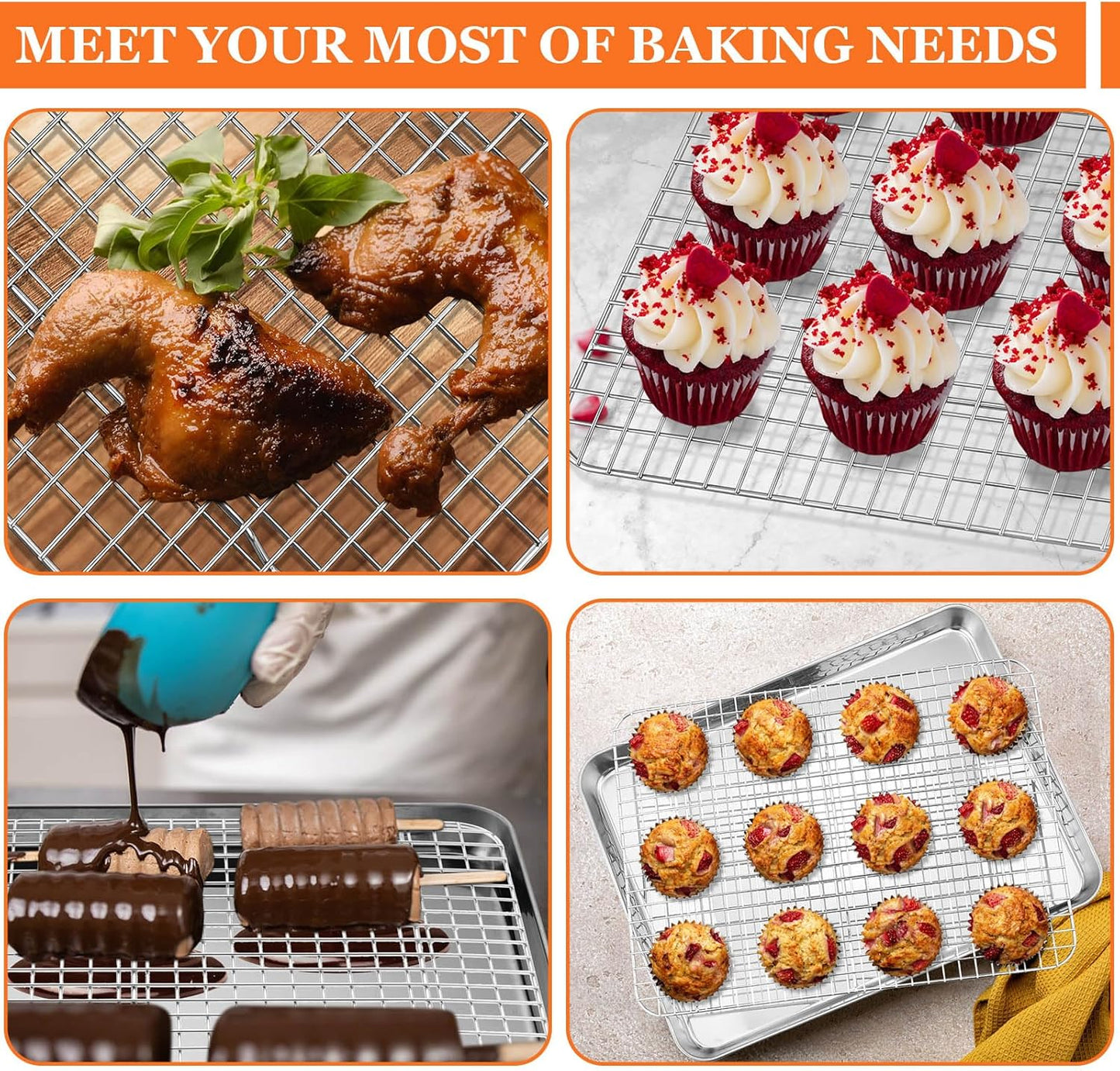 Leonyo Jelly Roll Pan Set - Commercial Stainless Steel Baking Sheet with Cooling Rack | 16 x 12 Inch (2 Trays + 2 Racks)