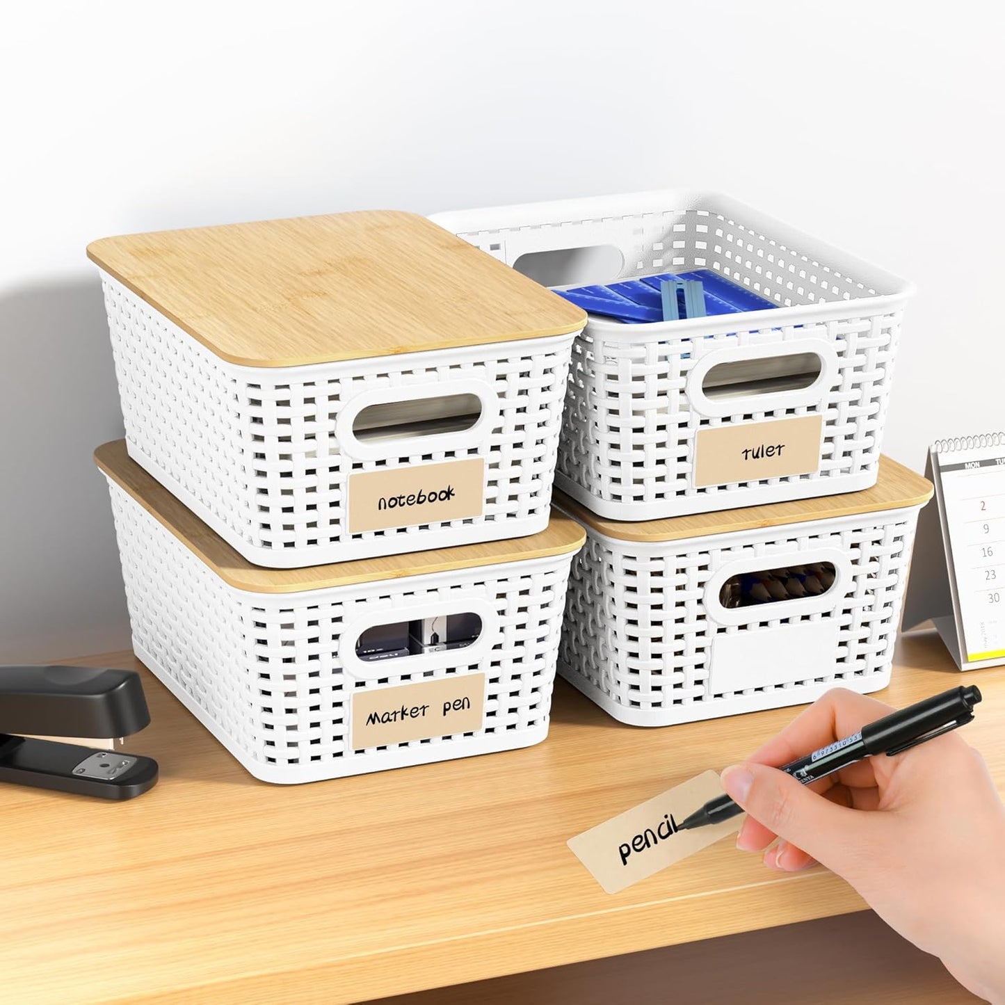 Skiennix Plastic Storage Baskets - Stackable Containers with Bamboo Lids & Labels, 6-Pack White