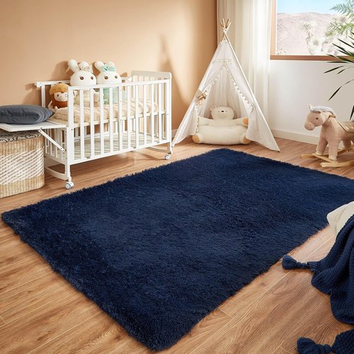 Floralux Area Rug - Dark Blue Fluffy Shag Carpet for Bedroom & Living Room | 4x6 Size