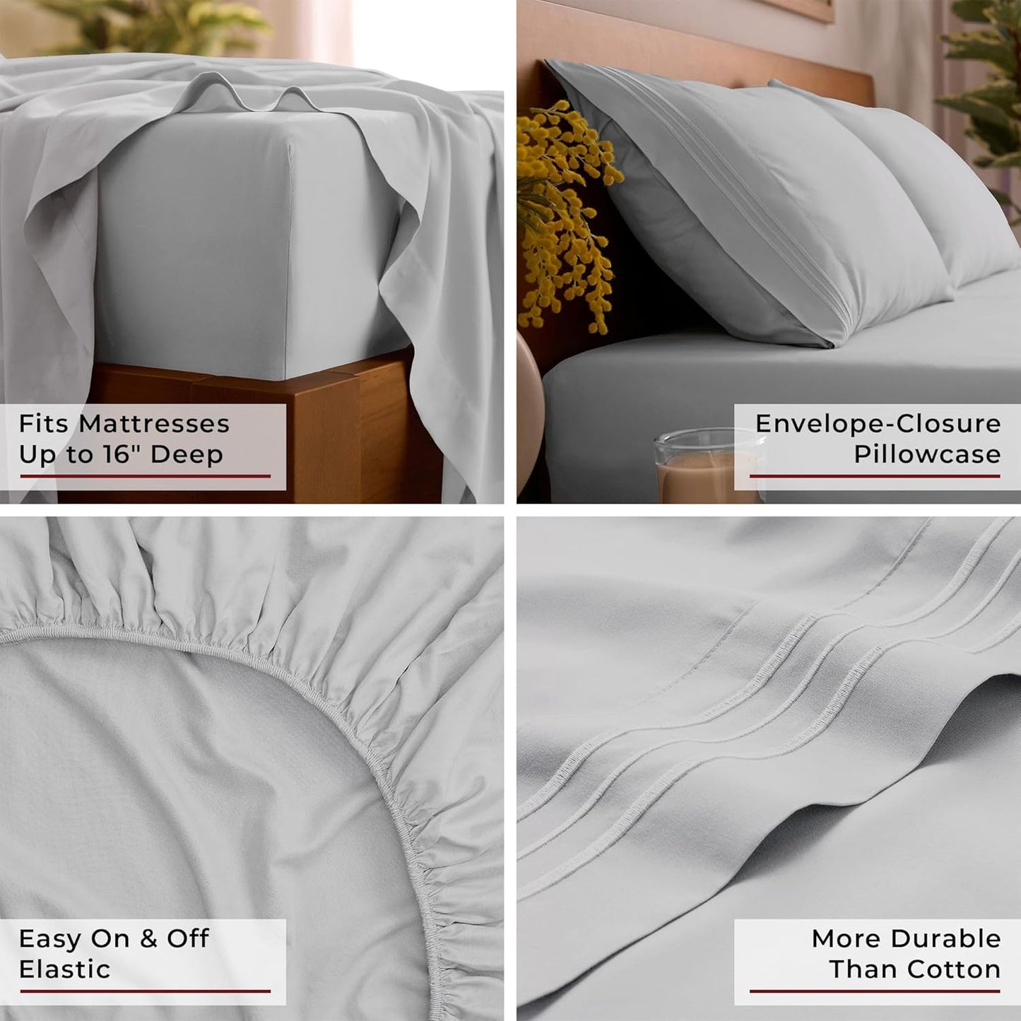 Mellanni Full Sheets Set - 4 PC Hotel Luxury Bedding | Extra Soft, Cooling, Wrinkle-Resistant (Light Gray)