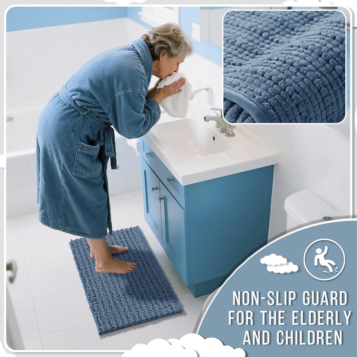 Yimobra Bathroom Rugs - Ultra Soft Non-Slip Chenille Bath Mat | Quick Dry Shaggy Carpet, Denim Blue, 24x17 Inch