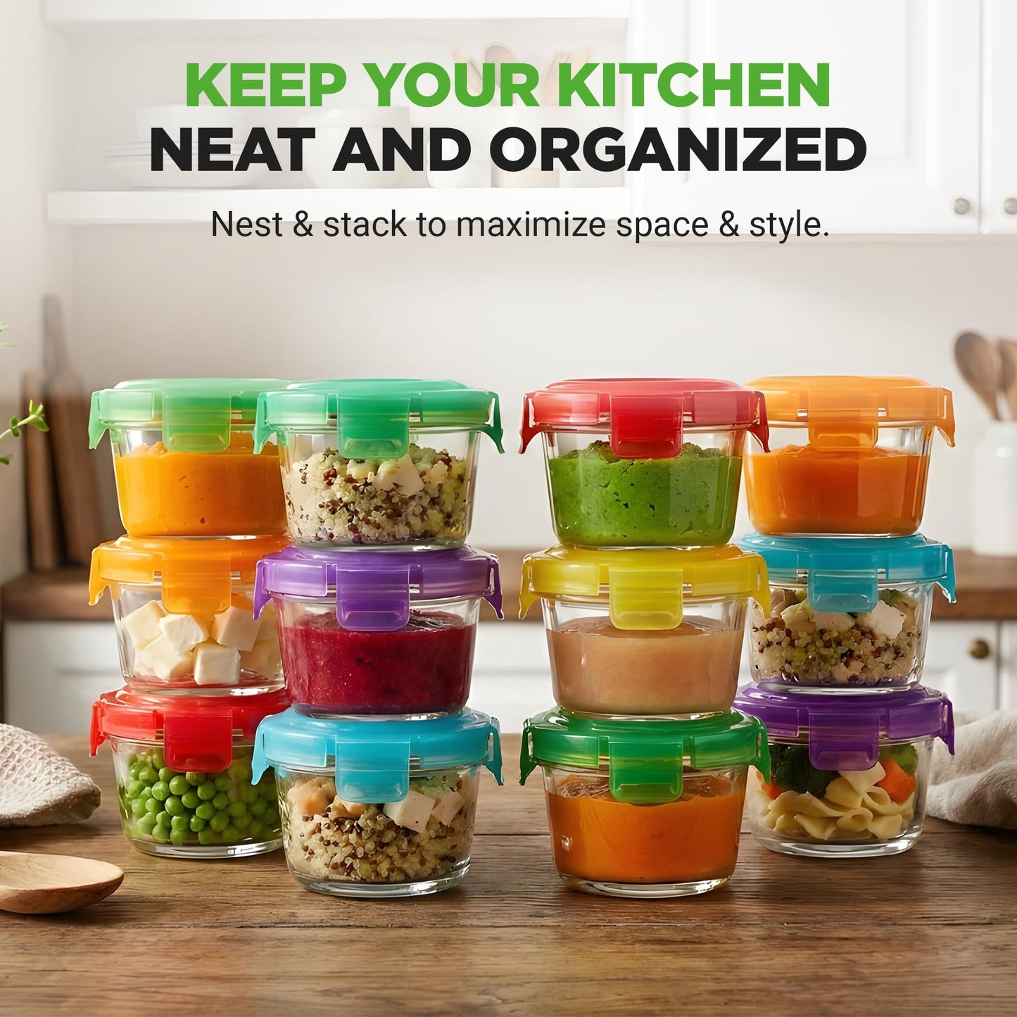 NutriChef 24-Piece (12 Glass Food Storage Containers and 12 Lids), 4.48oz Mini Stackable Meal Prep Round Containers - Microwave, Freezer, & Dishwasher Safe For Food, Snacks, Fruits, Nuts & More