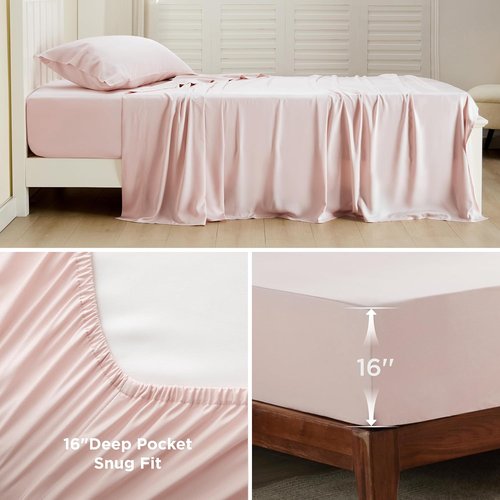 Bedsure Cooling Twin Sheets - Breathable Rayon from Bamboo | Soft & Silky Hotel Luxury Bedding in Pink, Deep Pocket Up to 16 Inches