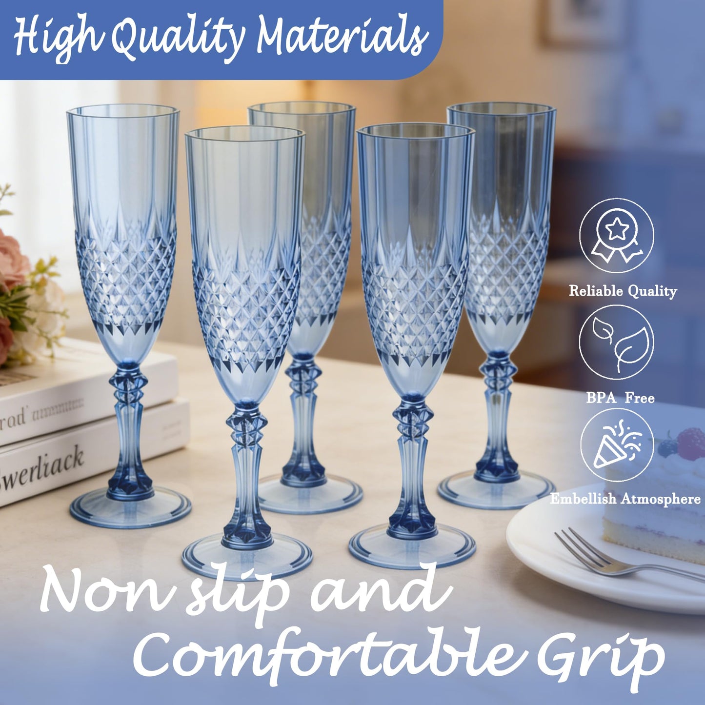 LEYIQU Plastic Champagne Flutes, Champagne Glasses Bulk, Reusable Unbreakable Acrylic Wine Glasses Goblets for Weddings Bachelor Parties Toasting Bridal Shower (24, Blue)