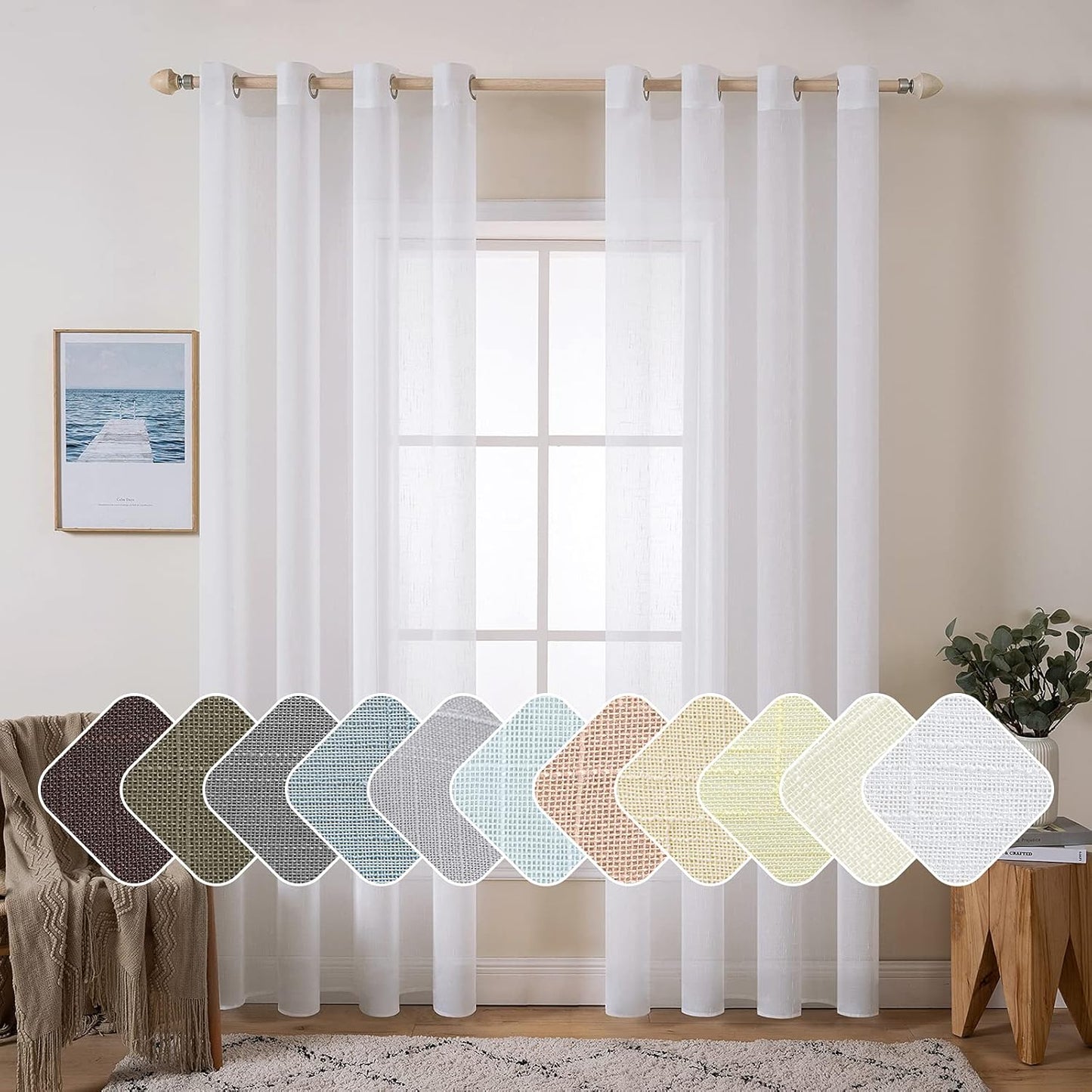 MIULEE Natural Linen Sheer Window Curtains - Elegant Solid White Grommet Drapes for Bedroom & Living Room | 52x90 Inch