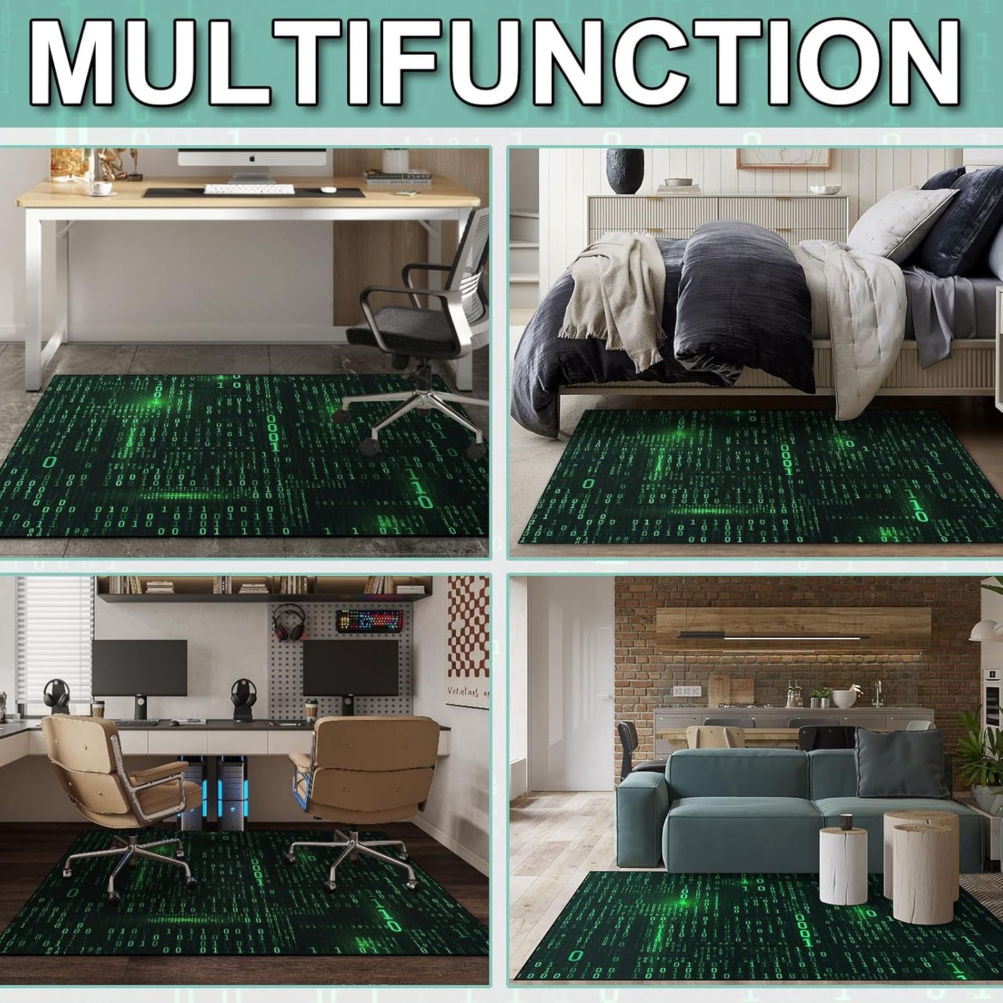 Washable Game Area Rug, Binary Code Design Gaming Programmer Teen Carpet Rug Doormat, Non-Slip Low-Pile Floor Carpet for Computer Bedroom Indoor Front Entrance Living Room Office (63" x 47")
