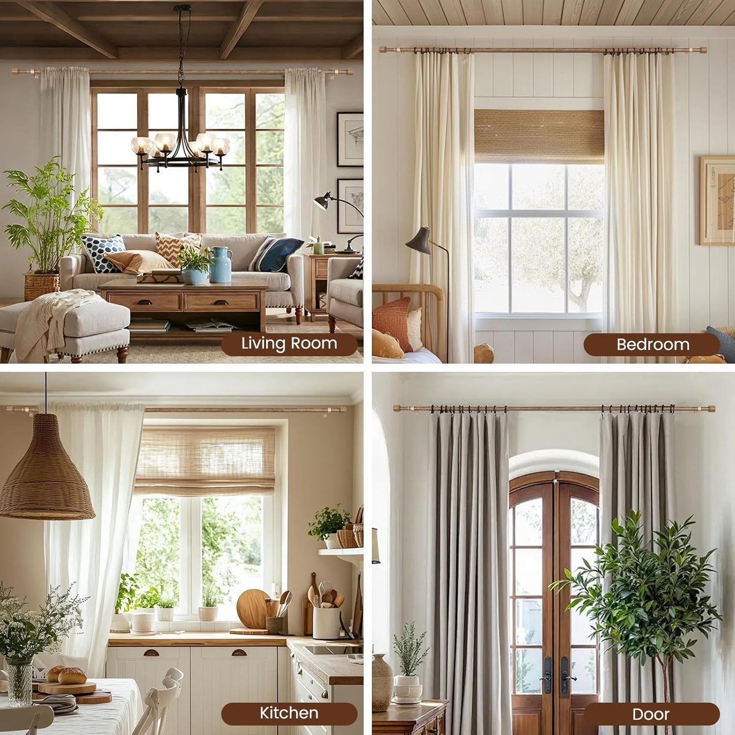 Skiennix Adjustable Curtain Rod - Heavy Duty 30-60 Inch, Matte Wood Grain Finish, 1" Diameter