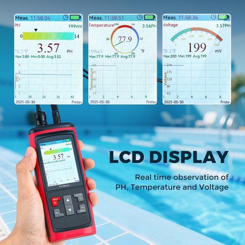 Bonvoisin PH Meter for Water Real-time PH, Temperature, Voltage Measurements in Water with Calibration, Digital PH Tester for Hydroponic Systems, Plant Grow, Pool