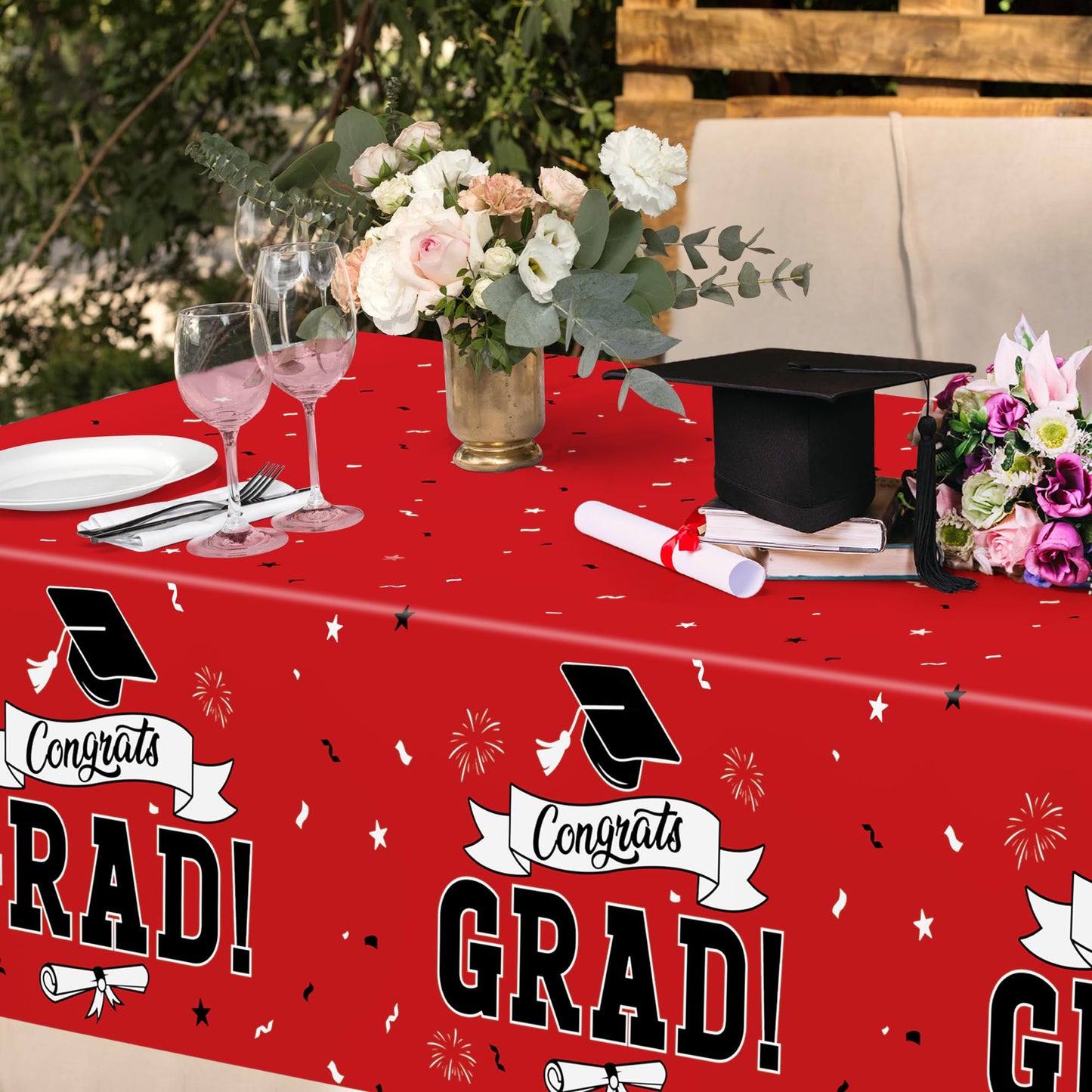 QZYL 2 PCS Graduation Tablecloth, 108" X 54" Red Graduation Table Decorations 2026, Disposable Plastic Tablecover for Grad Decor Party Supplies, Rectangle Table Cloths for Class 2026 Congrats Grad