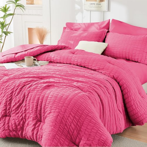 HYMOKEGE Twin Comforter Set - Hot Pink Seersucker 5-Piece Luxury Bedding Set for All Seasons