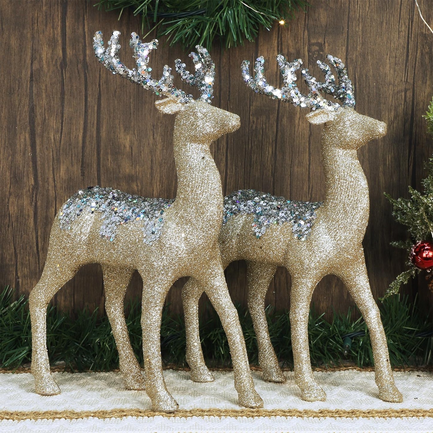 Juegoal Glitter Reindeer Figurines - Set of 2 Christmas Tabletop Decorations | 12.6" Plastic Elk Ornaments