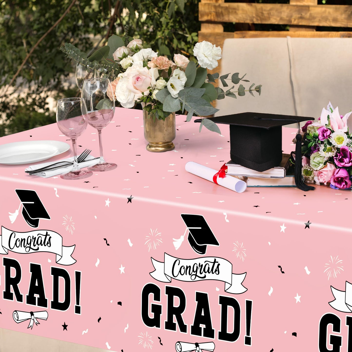 QZYL 2 PCS Graduation Tablecloth, 108" X 54" Pink Graduation Decorations 2026, Disposable Plastic Tablecover for Class of 2026 Congrats Grad, Rectangle Table Cloths for Grad Decor Party Supplies