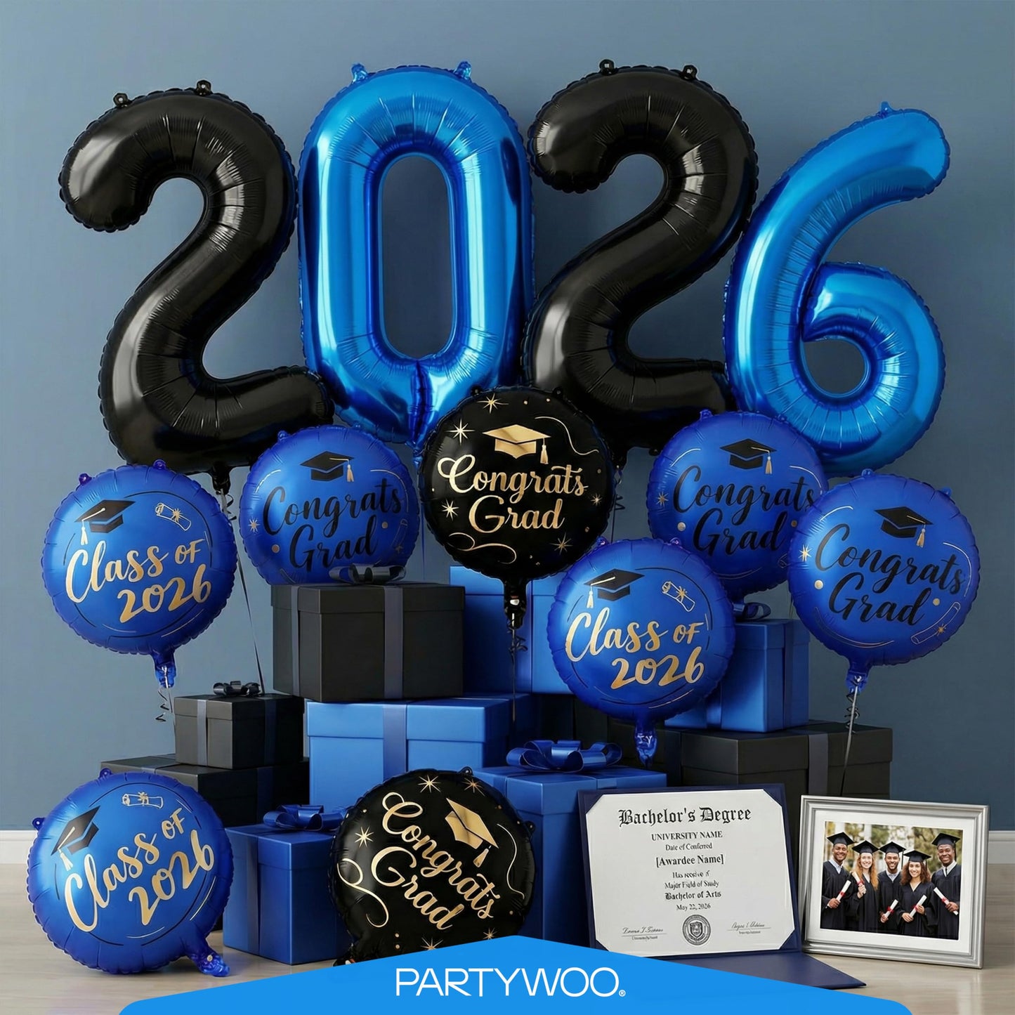 PartyWoo Graduation Balloons Class of 2026 Black Blue Gold 12pcs Balloons 40 Inch 2026 Foil Number Balloons 18 Inch Congrats Grad Mylar Balloons for Black Blue Graduation Decorations Party Supplies