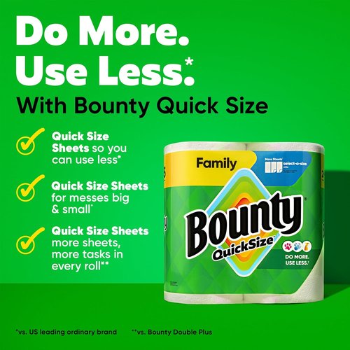 Bounty Quick Size Paper Towels - Ultra-Absorbent White Towels | 8 Family Rolls