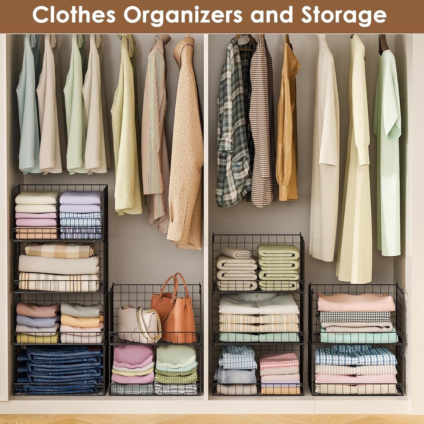 Yociyoga 4-Tier Closet Organizer - Stackable Storage Shelves & Foldable Bins | Black