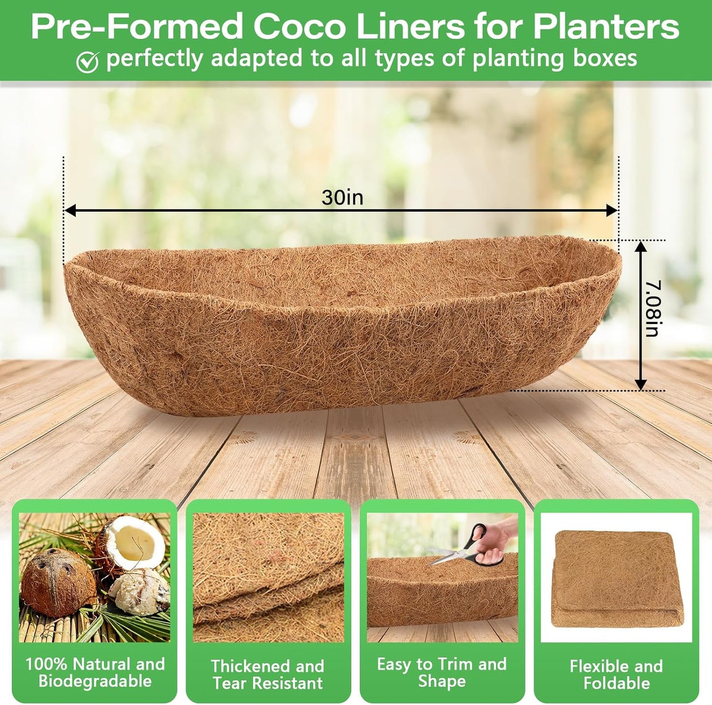 Legigo 30-Inch Coco Liner for Planters - 2 Pack Coconut Coir Basket Liners for Window Boxes & Wall Planters