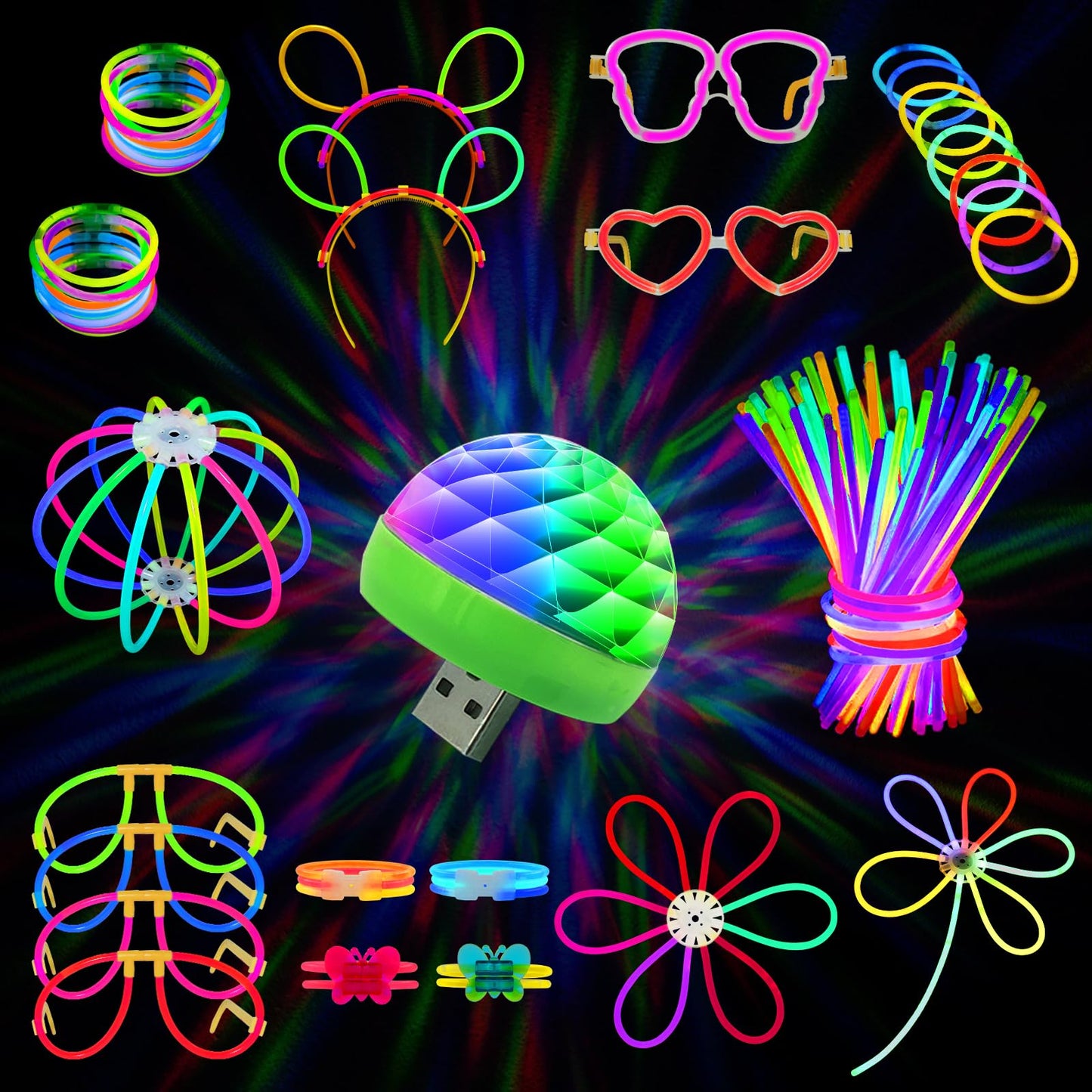 MOSSDNAR 229pcs Glow Sticks Bulk Party Pack with USB Mini DiscoLight,Glow Stick Necklaces for Kids Adult,Glow in the Dark Party Supplies,Neon Glow Bracelets for Birthday Wedding Decoration Camping