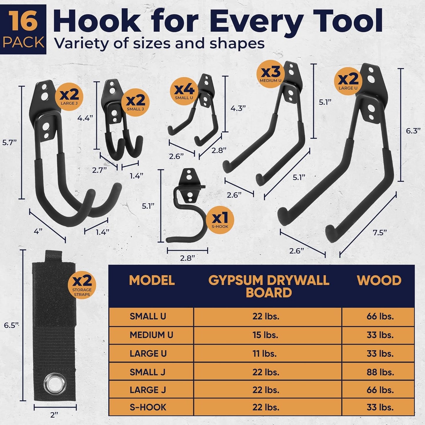 Steel Heavy Duty Garage Hooks - 16 Pack Anti-Slip Wall Mount Hangers for Tools, Bikes & More