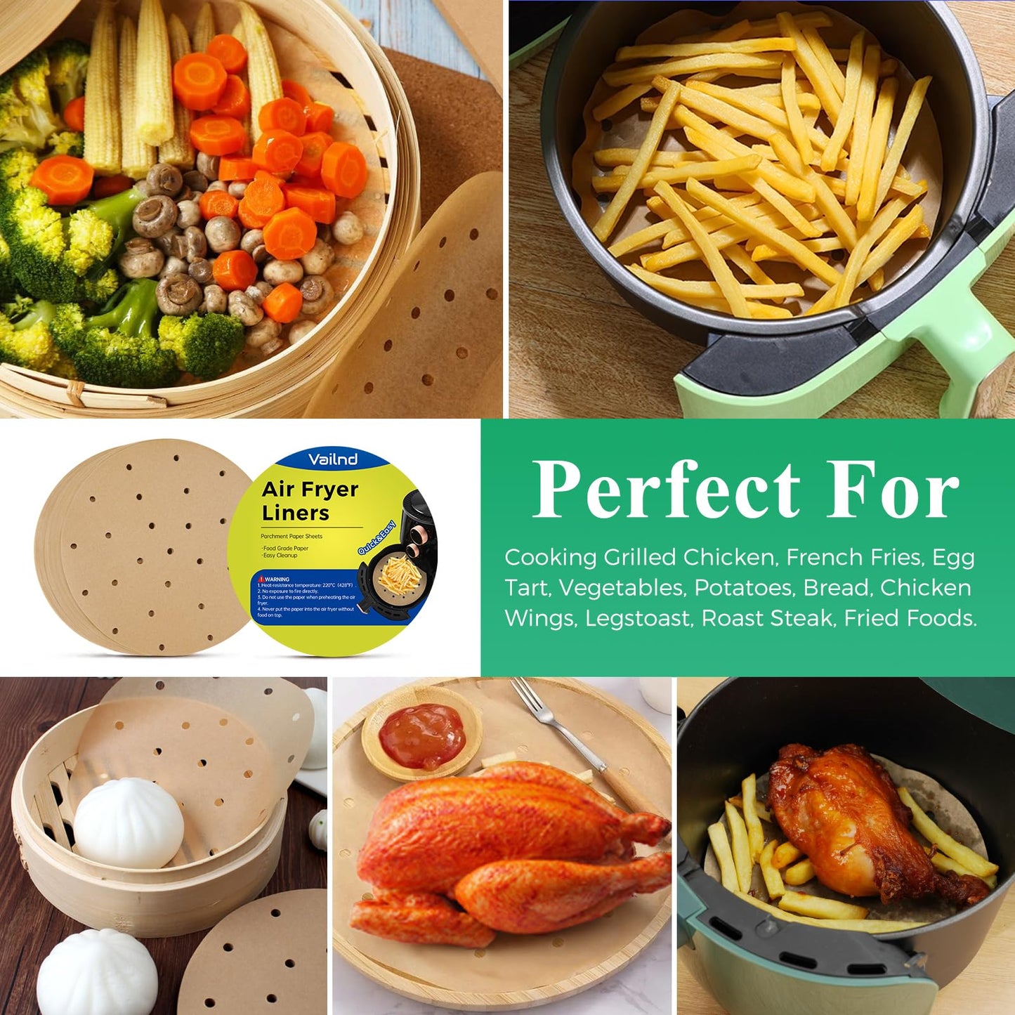 Vailnd Air Fryer Parchment Paper, 50pcs Disposable Air Fryer Liners Round, 8.5In Unbleached Parchment Paper Sheets, Perforated Food Steamer Liner for Baking Cooking