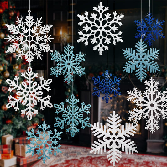 12 PCS Large Snowflakes Ornaments - Outdoor Winter Decor Glitter Giant Hanging Snowflake Decorations for Indoor Outdoor Winter Tree Decorations(White, Blue, Dark Blue)