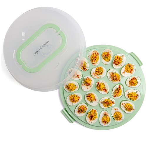Crafted Containers Deviled Egg Carrier with Lid & Handles, 22-Count Portable Tray, Dishwasher-Safe – Green