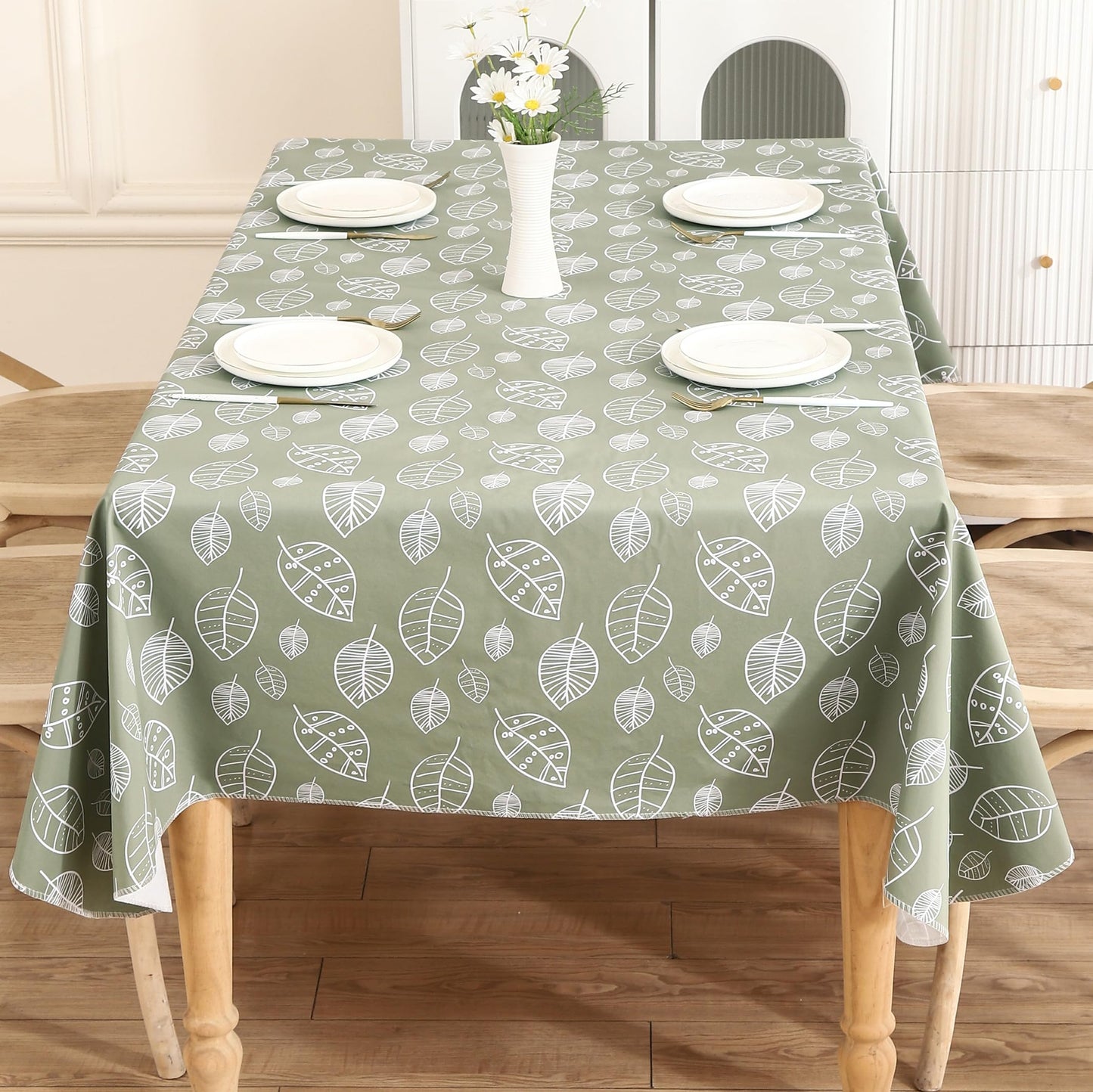 Walrus Heavy Duty Vinyl Tablecloth with Flannel Backing Waterproof Oil-Proof Plastic Table Cloth Stain-Resistant Wipeable Rectangle or Square Table Cover for Indoor and Outdoor (Leaf, 60X102 Inch)