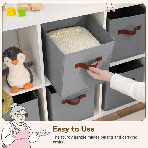 Granny Says 11-Inch Cube Storage Bins - 6 Pack Foldable Fabric Organizers with PU Handles | Grey