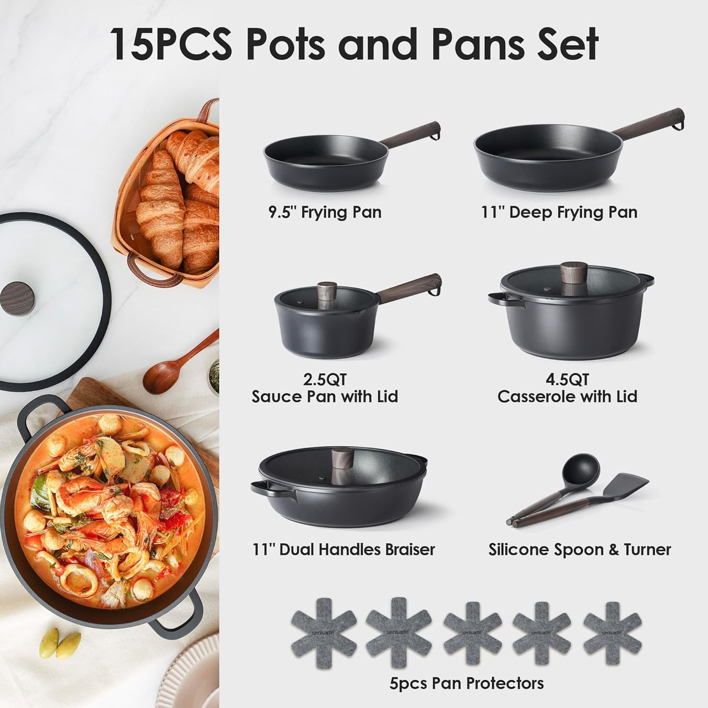 SENSARTE 17-Piece Nonstick Cookware Set - Induction Compatible, Dishwasher Safe, Stay-Cool Handles, Black