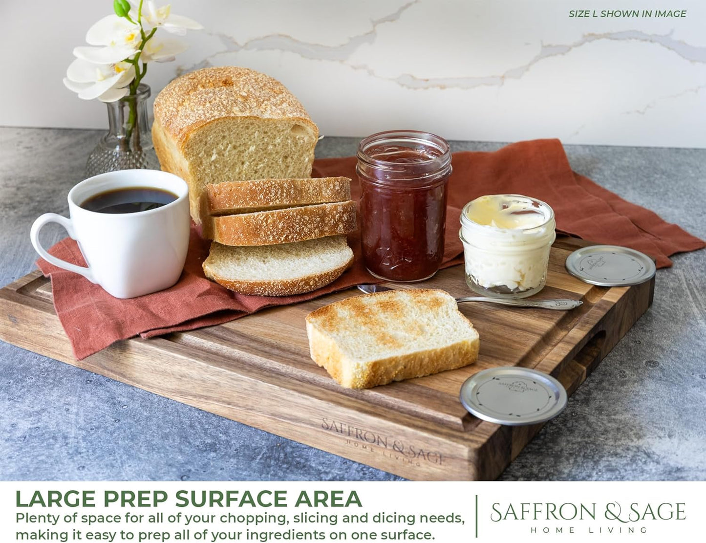 Saffron & Sage Large Wood Cutting Board - Thick 16 x 12 x 1.5 Inch Acacia with Juice Groove | Reversible Chopping & Charcuterie Board
