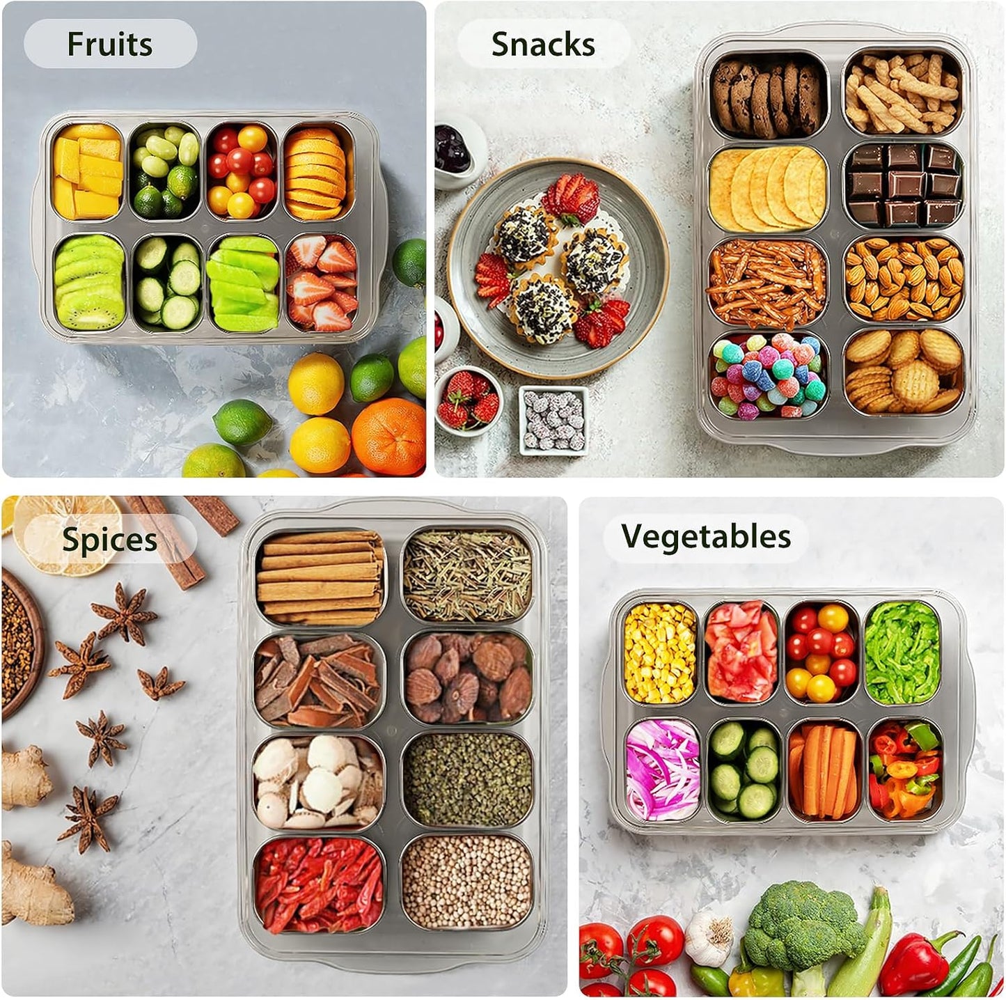 Snackle Box Stainless Steel Snack Container - 8-Compartment Serving Tray with Lid & Handle for Travel