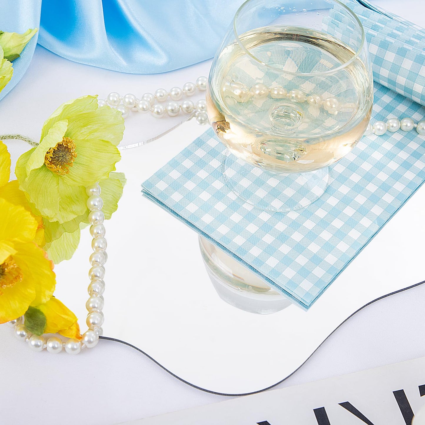 WDF 150Pack Baby Blue Paper Checkered Napkins - 3 Ply Disposable Blue and White Gingham Napkins Guest Dinner Napkins Paper for Bathroom/Picnic/BBQ/Birthday/Wedding
