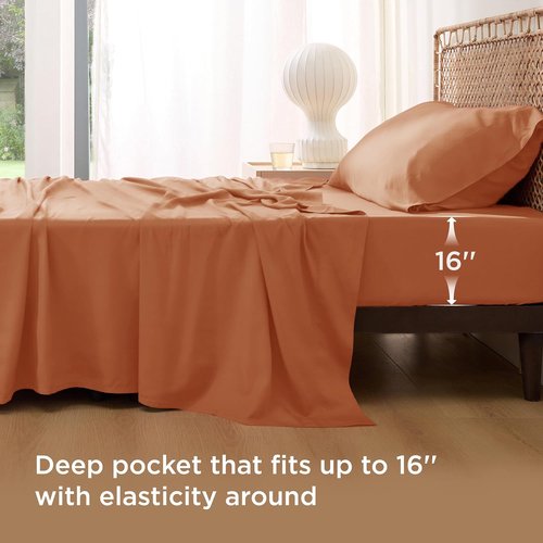 Bedsure Cooling Sheets - Twin XL Bamboo Rayon | Breathable & Soft Deep Pocket Bedding in Burnt Orange