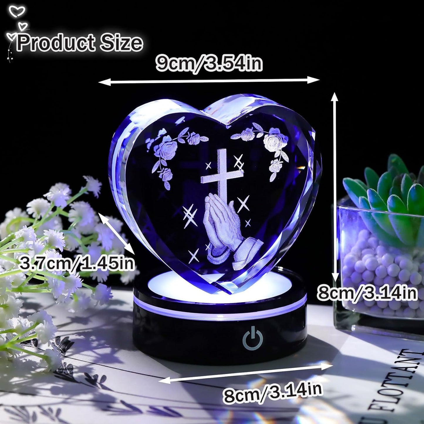 Ornalrist Crystal Heart 3D Praying Hands | Colorful LED Base | Religious Gift for Men & Women