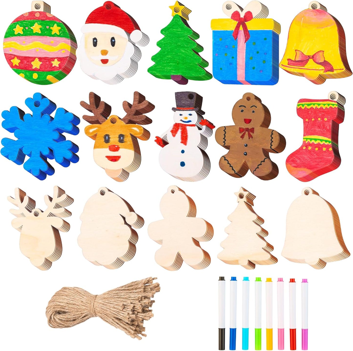 JOYIN Christmas Wooden Ornaments Craft Kit - 100 Unfinished DIY Ornaments with 8 Watercolor Pens for Kids (Ages 8+)