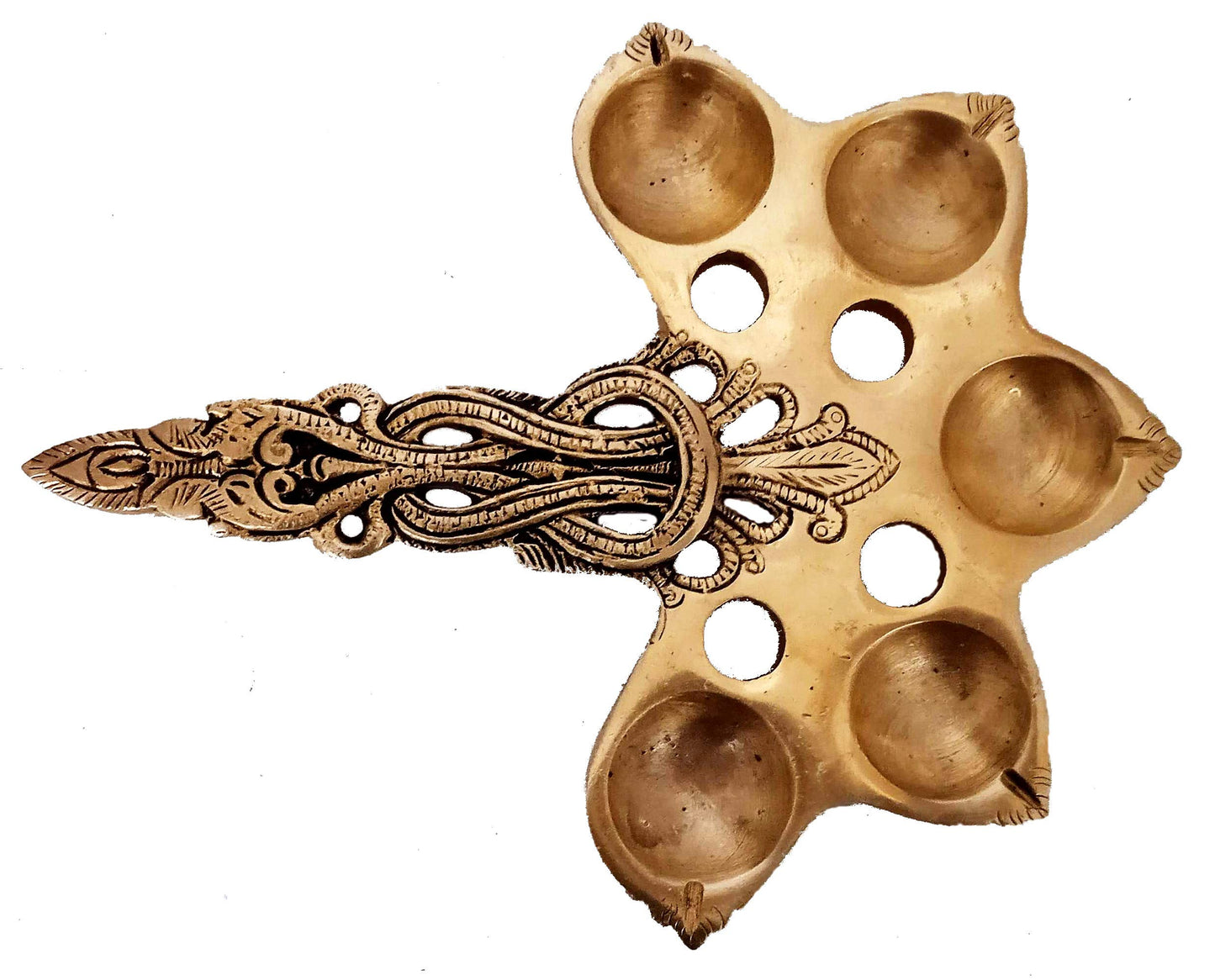 Purpledip Brass 5 Batti Aarti Deepam: Antique Handheld Oil Lamp Diya for Home Temple (12260)