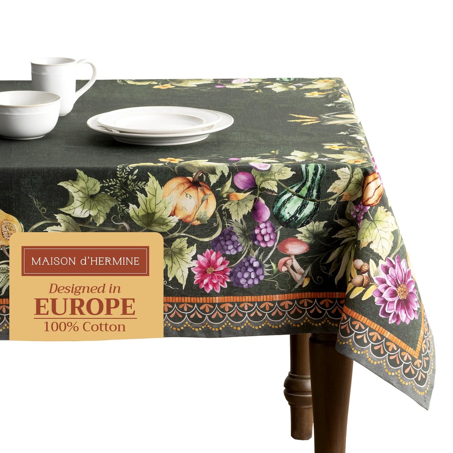 Maison d' Hermine Table Cloth Rectangle Table 100% Cotton 70 x 108 Inches Fall Tablecloth Reusable Everyday Use for Thanksgiving Christmas Decorations Dining Farmhouse (Pumpkin Garden - Dark Green)