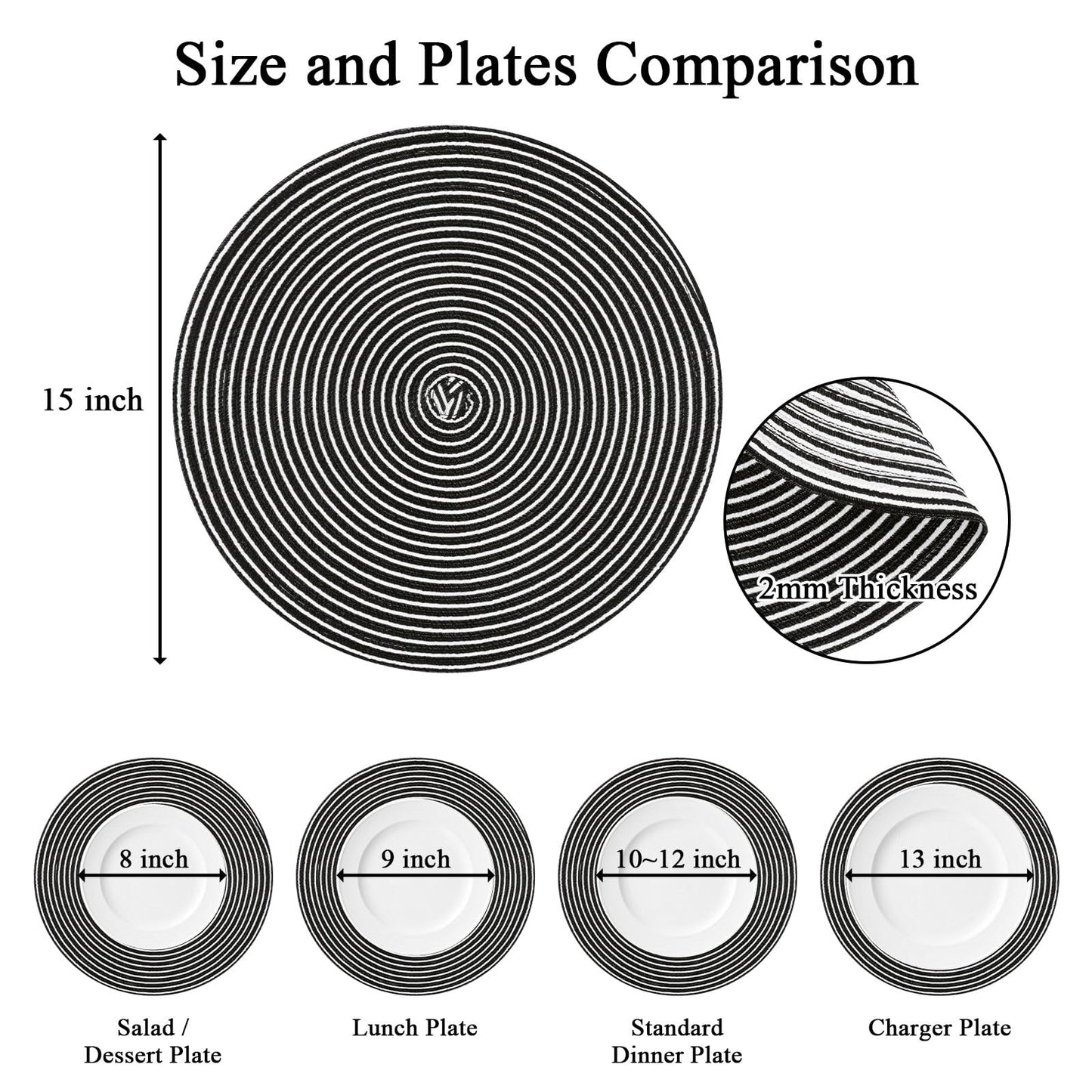 SHACOS 15 inch Round Braided Placemats Set of 6 Non Slip Washable Fabric Kitchen Table Place Mats Heat Resistant Table Mats for Home Wedding Party, Black White